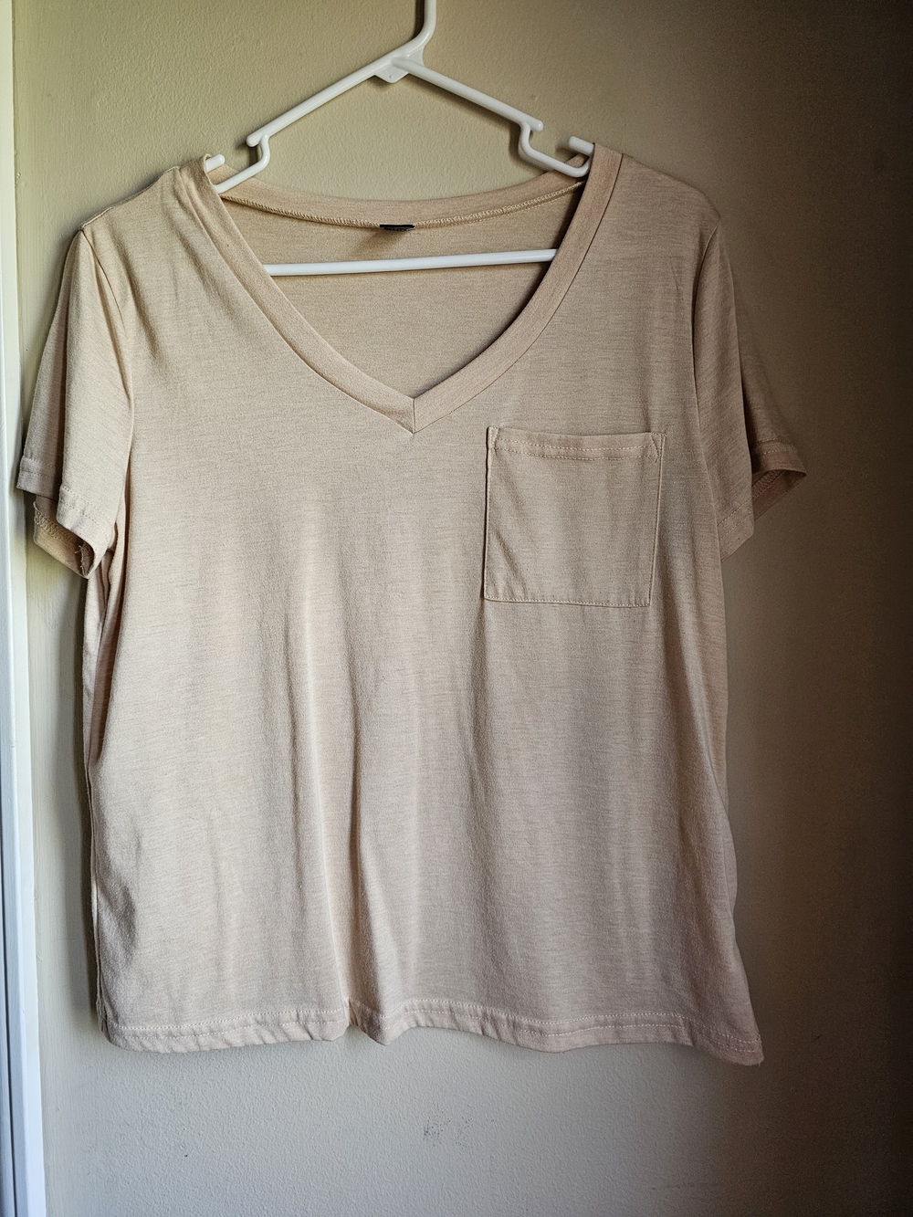 SHEIN Soft V-Neck Pocket Tee in Light Beige